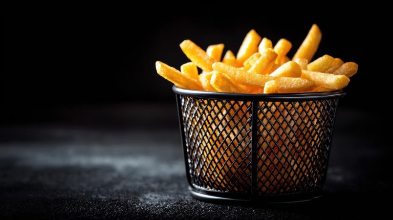 Gyllene pommes frites i en svart nätkorg mot mörk bakgrund